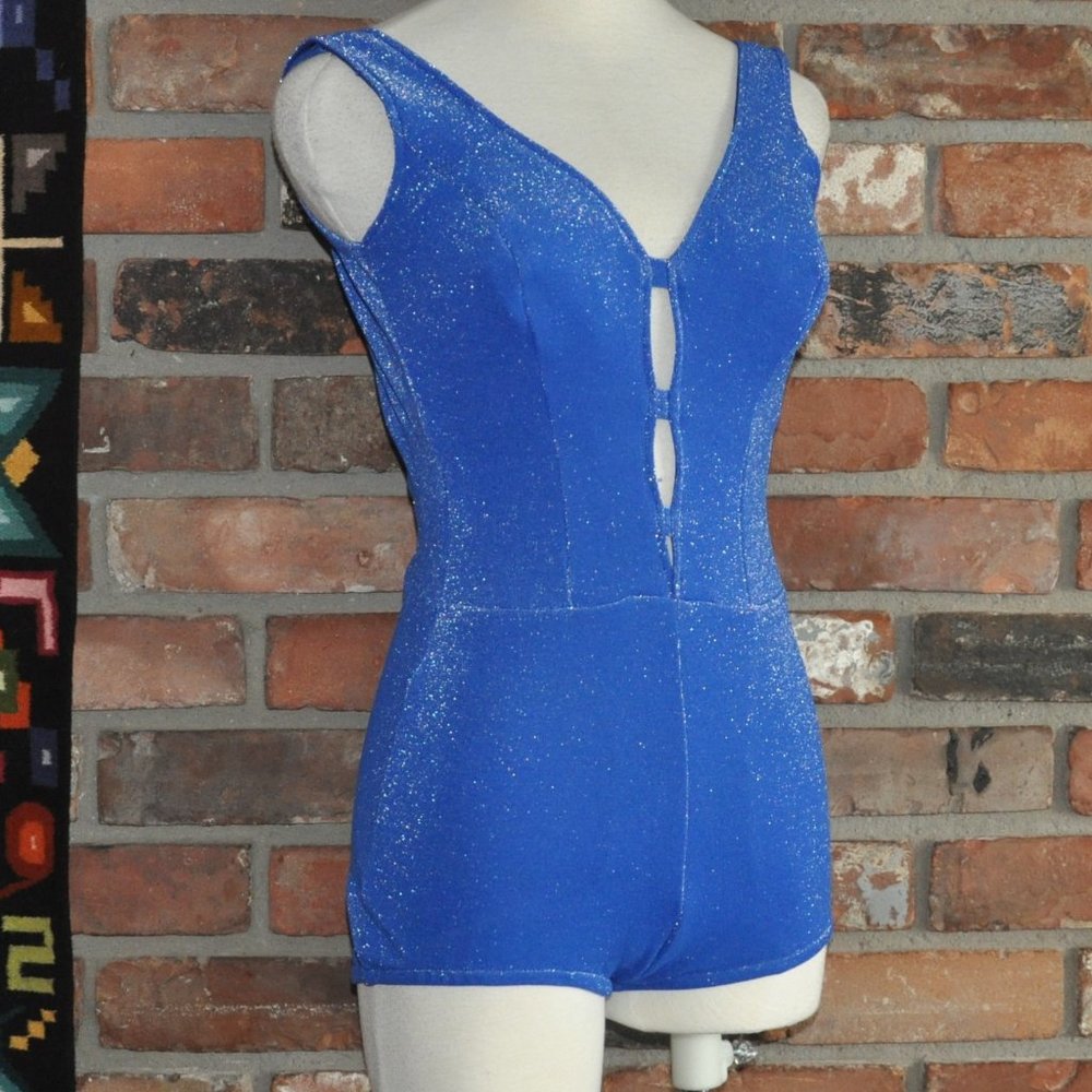 Vintage 50s One Piece, Blue & Metallic Swim Suit, Front Cut-outs, Pointy Bra S-M